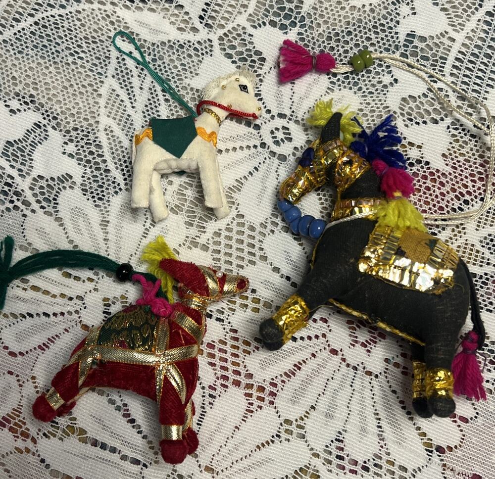 Vintage Lot of 3 Stuffed Horses Embroidered India Folk Art Christmas Ornaments